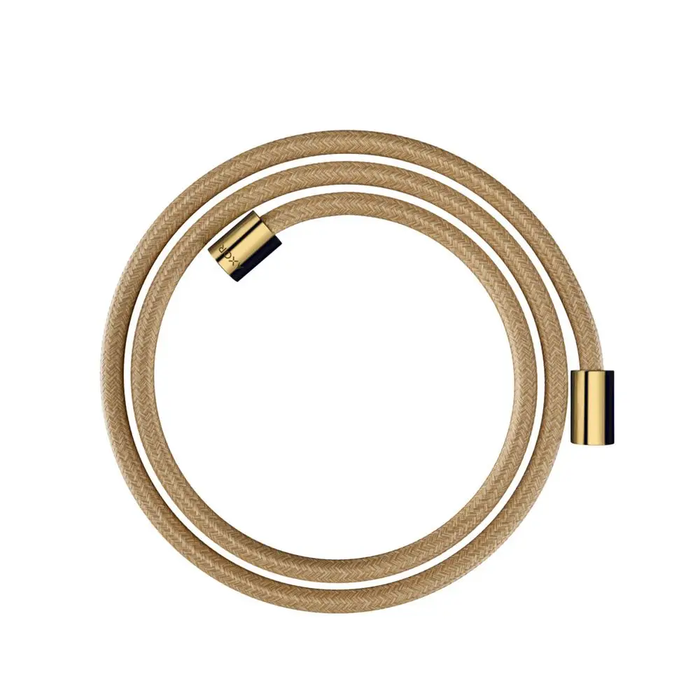Textilbrauseschlauch in hellem Design mit zylindrischen Muttern, hergestellt von AXOR. Die Endstücke sind in glänzendem Gold gehalten.